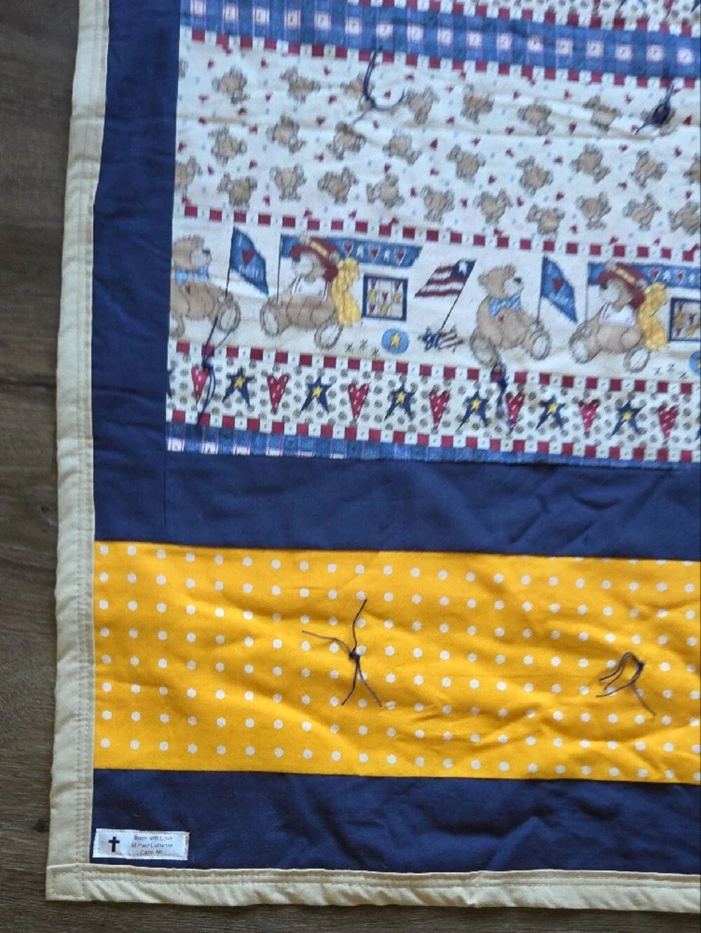 Handmade Navy & Yellow Baby Patchwork Quilt Blanket Polka Dot And Teddy Bear